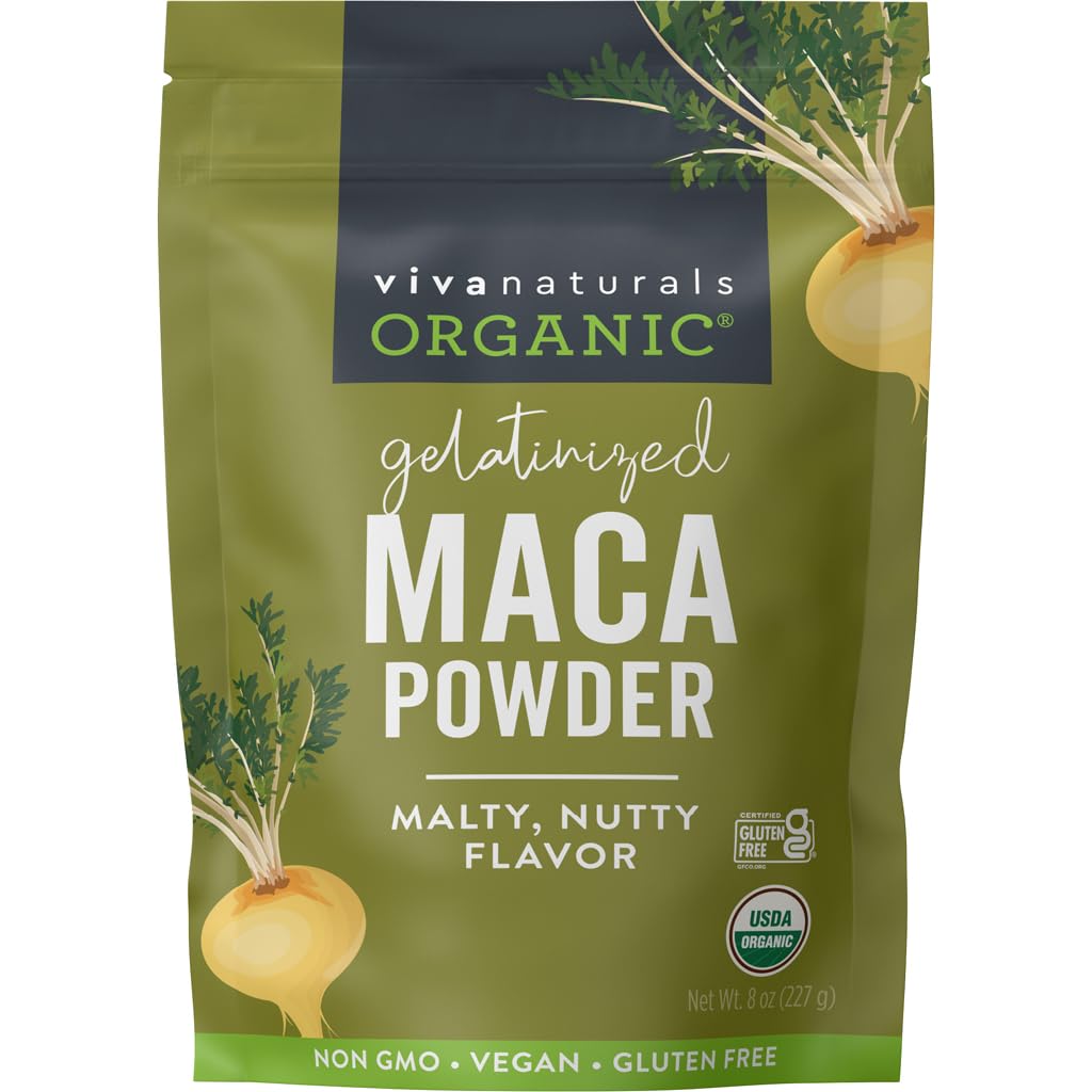 Viva Naturals Organic Maca Powder, Gelatinized, Vegan, Gluten-Free, 8 oz Resealable Bag