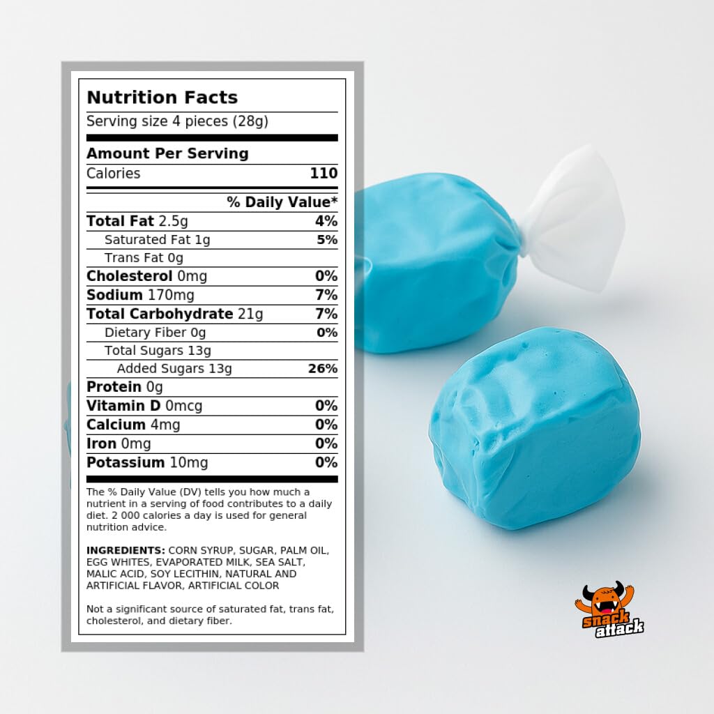 Blue Raspberry Salt Water Taffy By Snack Attack, Individually Wrapped Bulk 1Lb Bag - Chewy Saltwater Taffy Candy | Gluten-Free,