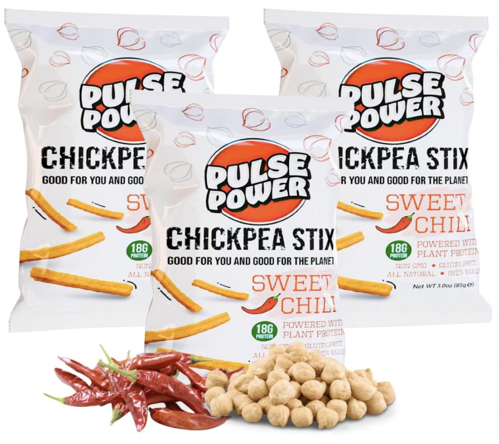 Pulse Power Chickpea Stix - Crunchy Snacks, High Protein, Gluten Free, Non-GMO, Vegan (3 pack, 3 oz) (Sweet Chili)