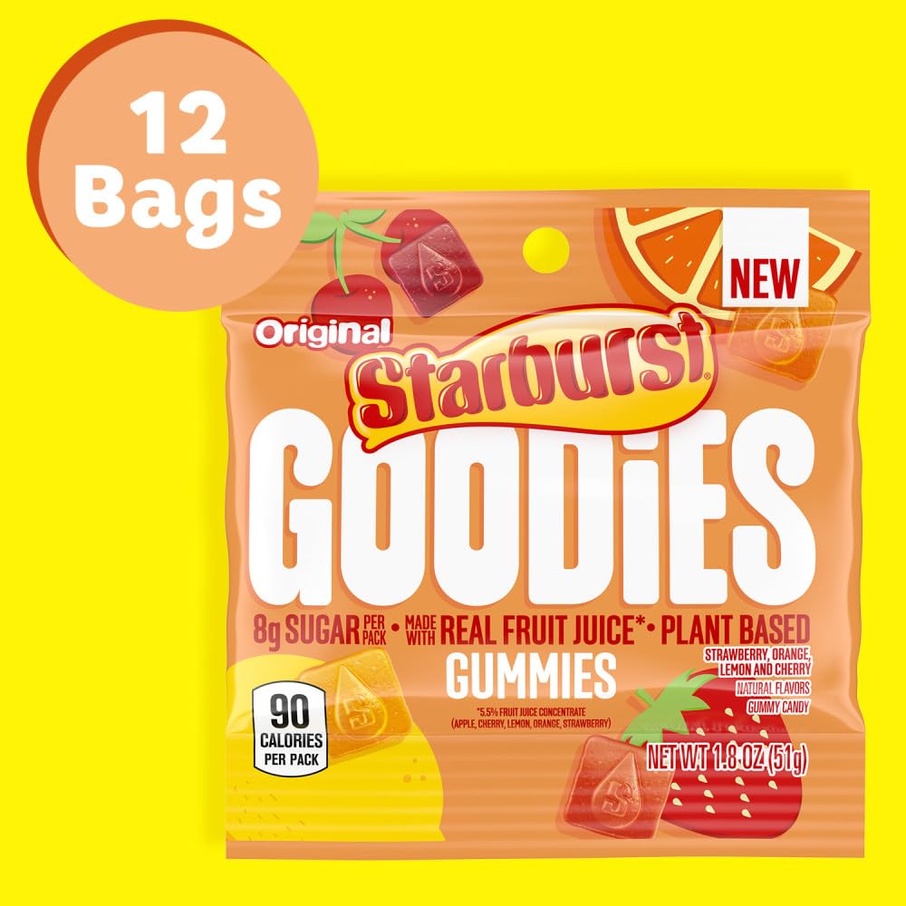 Starburst Goodies Original Plant-Based Fruit Gummy Candy, 1.8 Oz Bags (Pack Of 12)