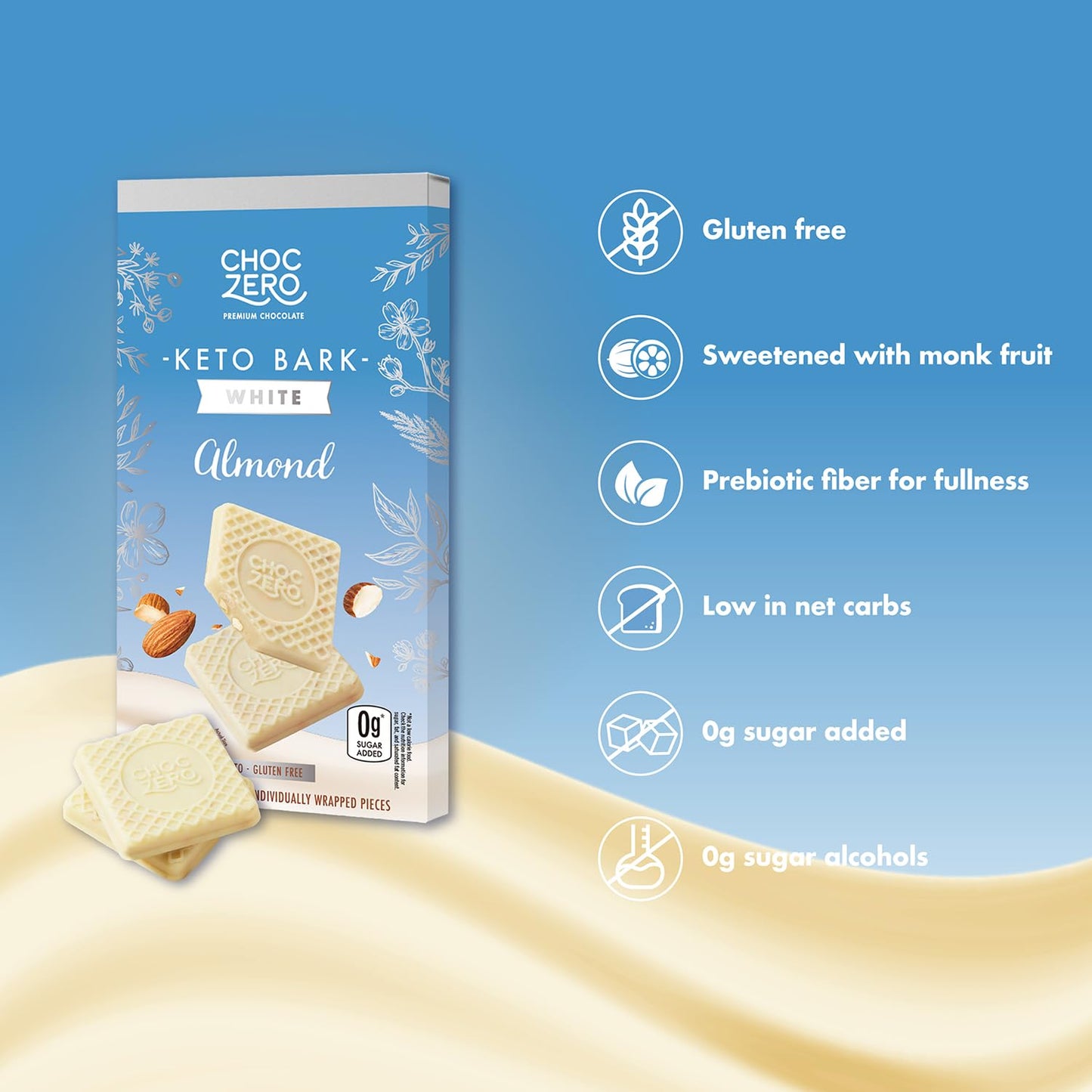 Choczero Keto Bark, White Chocolate Almond, No Added Sugar, High Fiber, Low Carb, No Sugar Alcohols, No Artificial Sweeteners, 3