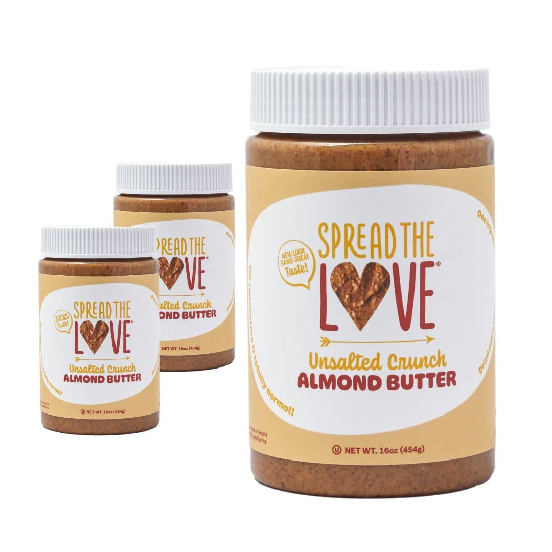 Spread The Love Unsalted Crunch Almond Butter, All Natural, Vegan, Gluten Free, Creamy, No Added Salt Or Sugar, No Palm Fruit Oi