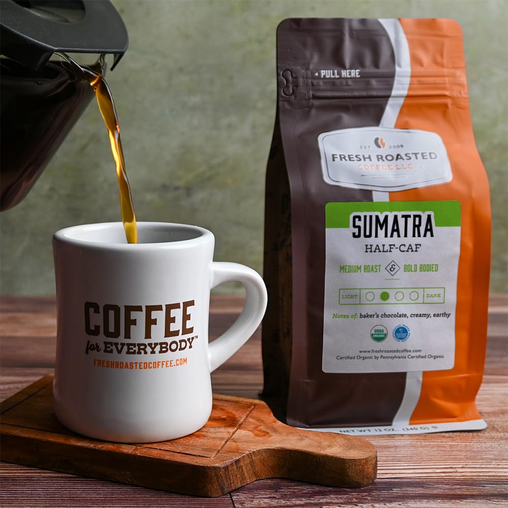 Fresh Roasted Coffee Organic Sumatra Half-Caf Medium Roast Whole Bean 12 oz