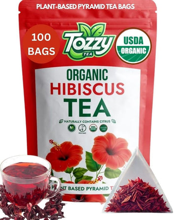 Tozzy Usda Organic Hibiscus Tea - 100 Count (Pyramid Tea Bags) | Pure Plant-Based Ingredients | Eco-Conscious Packaging