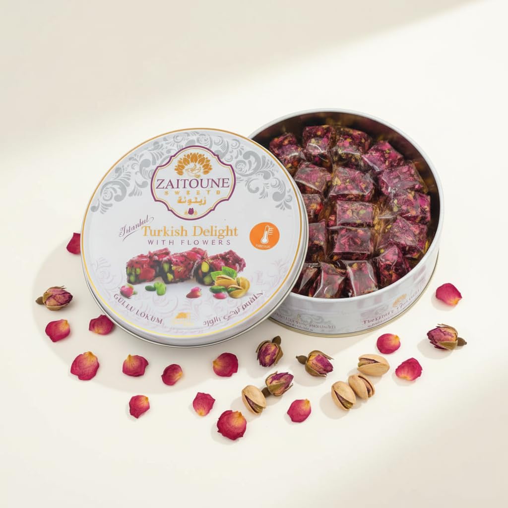 Zaitoune Rose Covered Turkish Delight - 9 Oz | Stuffed With Pistachios & Cashews | Coated With Dried Rose Petals | Authentic Luxury Lokum Sweets In Beautiful Gift Tin | Handmade, Individually Wrapped