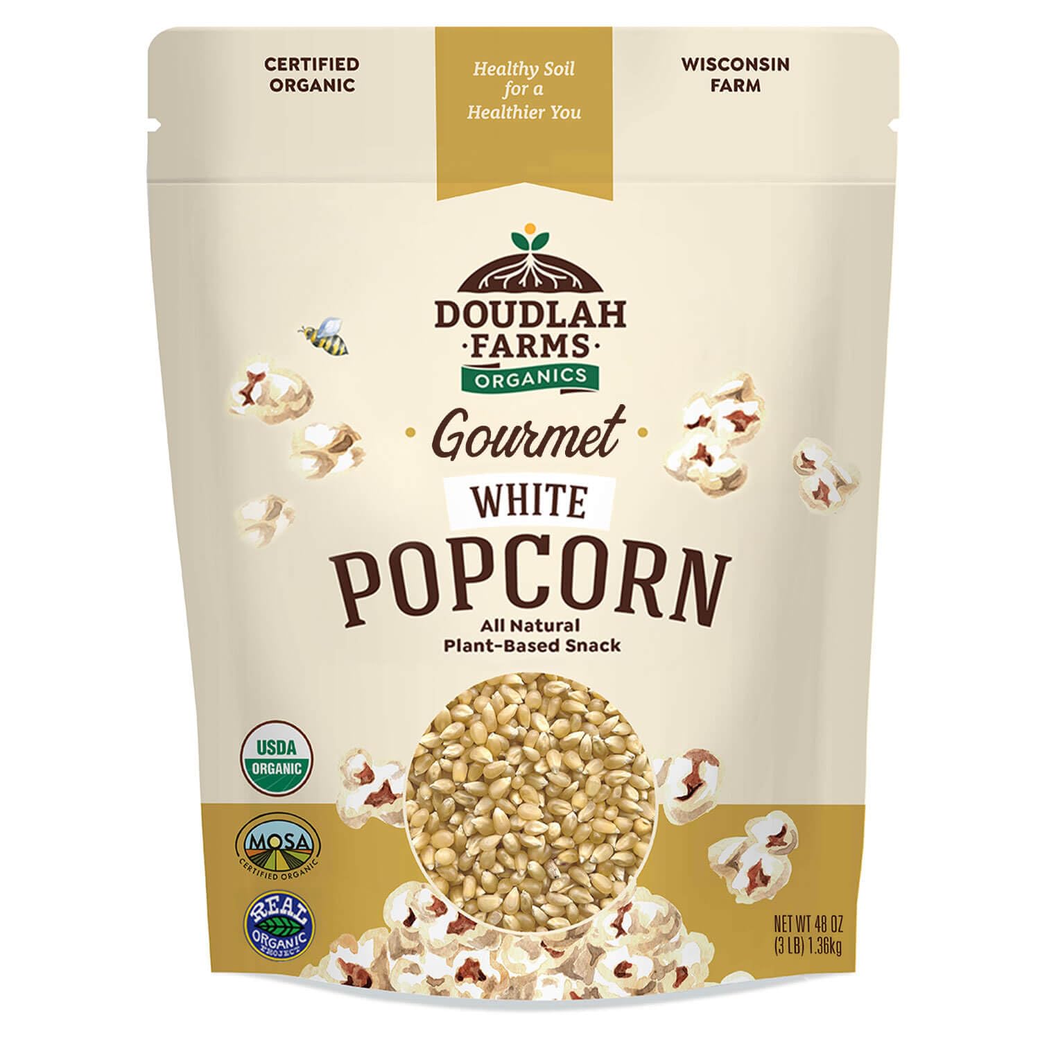 Organic White Popcorn Kernels UnPopped 3lb by Doudlah Farms - Gluten-Free  Non-GMO  Grown In Wisconsin USA  Pesticide-Free  Chemical-Free  Glyphosate-Free  Farmed From Regenerative Soil