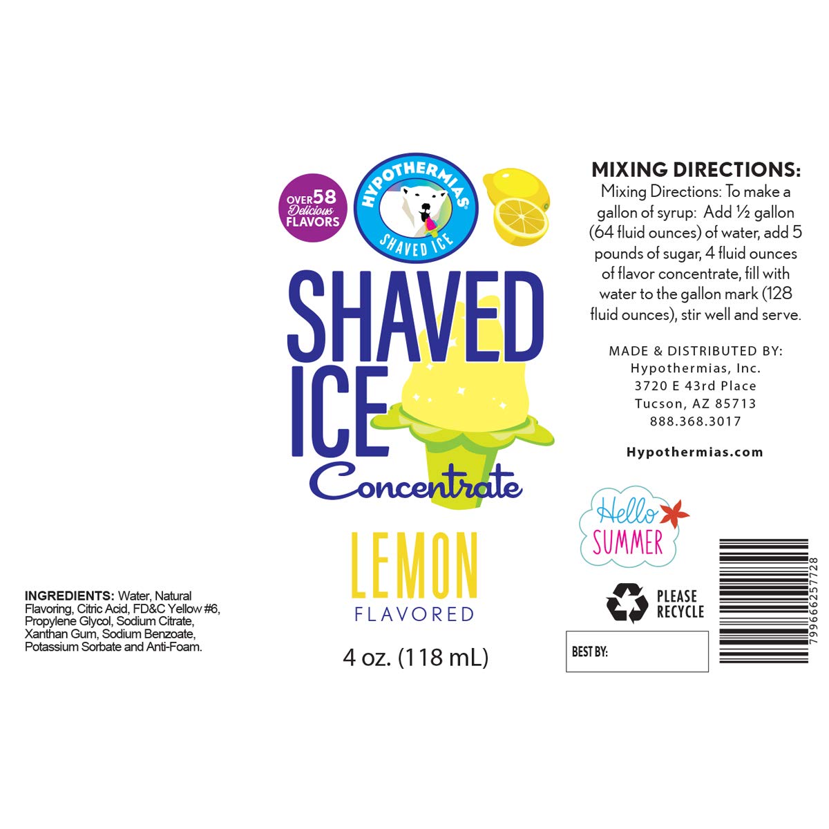 Hypothermias Shaved Ice And Snow Cone Syrup Unsweetened Flavor Concentrate - 4 Fl Oz - Makes 1 Gallon Of Ready To Use Syrup - Le