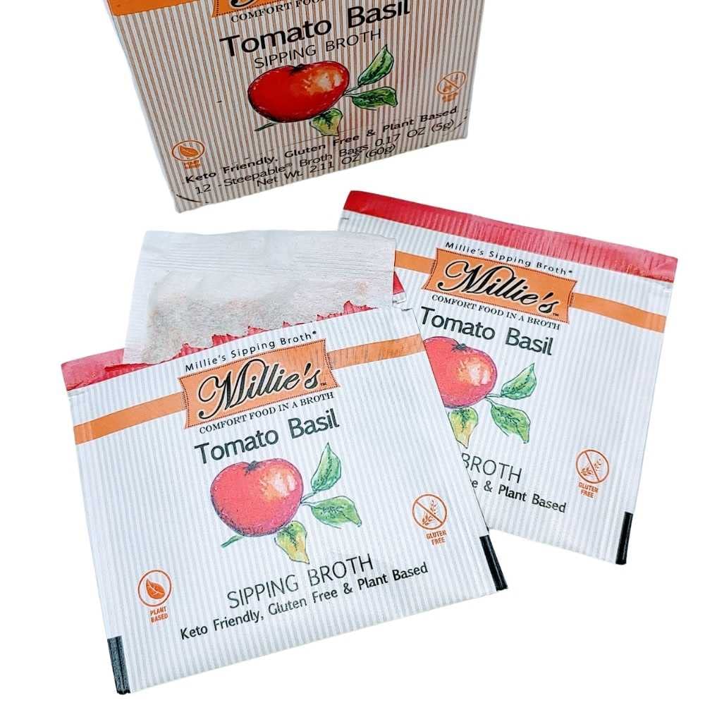 Millies Sipping Broth - Vegetable Broth -Natural-Gluten Free-Keto Friendly Tomato Basil 12 Count Box