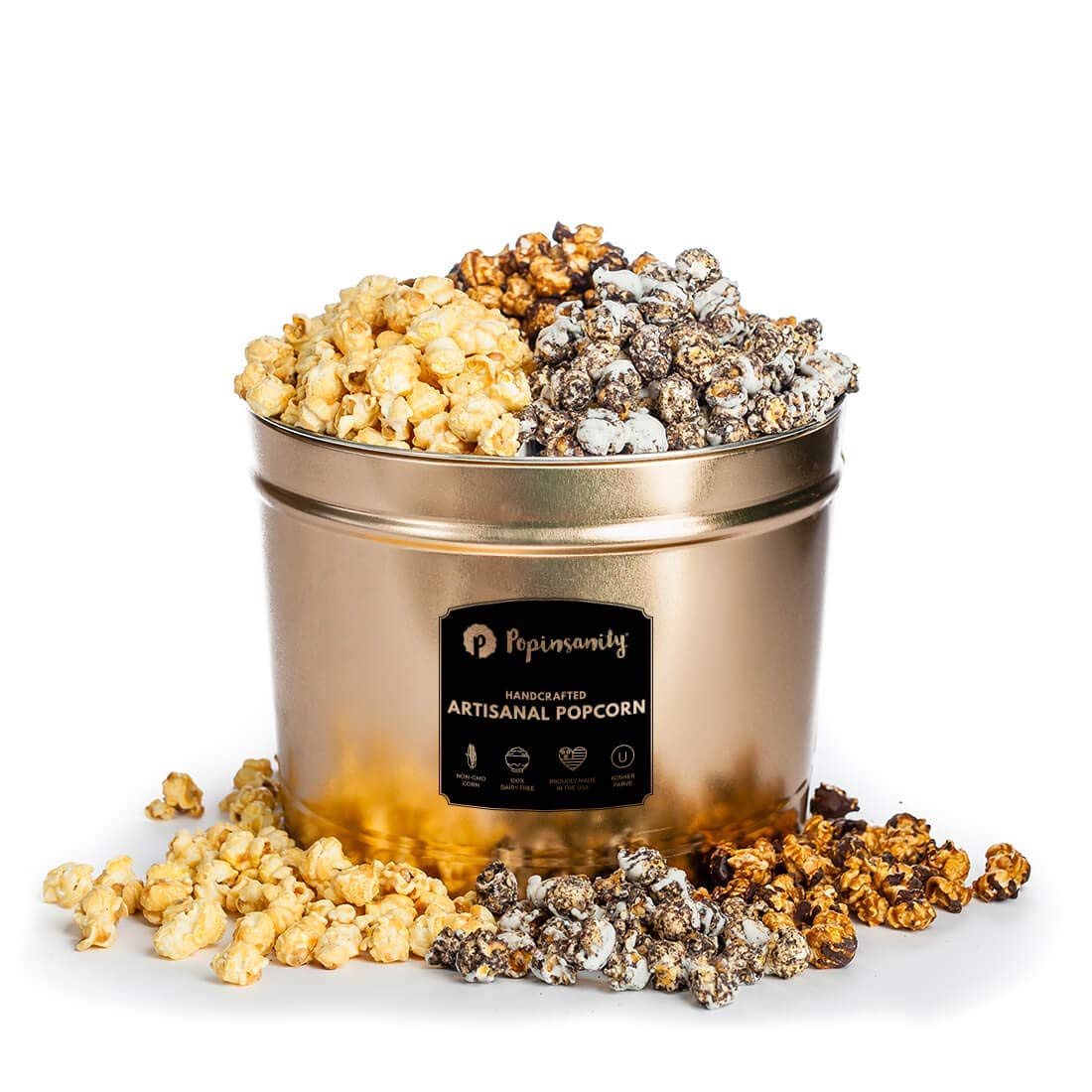 Popinsanity Gourmet Popcorn 2 Gallon Tin Overflowing W/3 Most Popular Popped Popcorn Flavors: Sweet N Salty  Cookies N Cream  Candy Caramel Chocolate Drizzle  Prime Bucket Gift Box Set. 25 People
