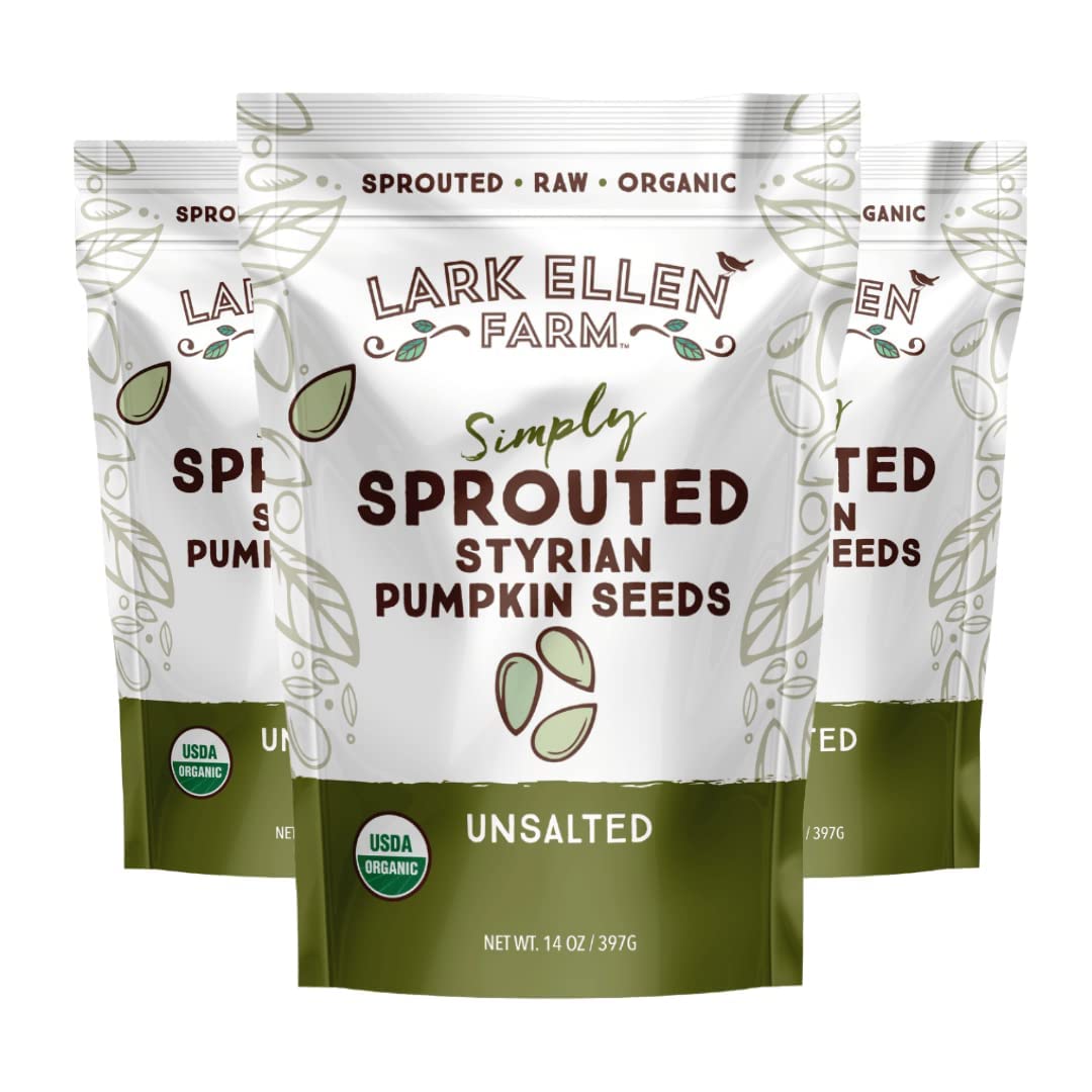 Lark Ellen Farm Sprouted Organic Pumpkin Seeds  Unsalted Raw Pumpkin Seeds Organic  Pepitas  Vegan  Non GMO  Gluten Free  Paleo  and Keto Friendly (14 oz  3 Pack)