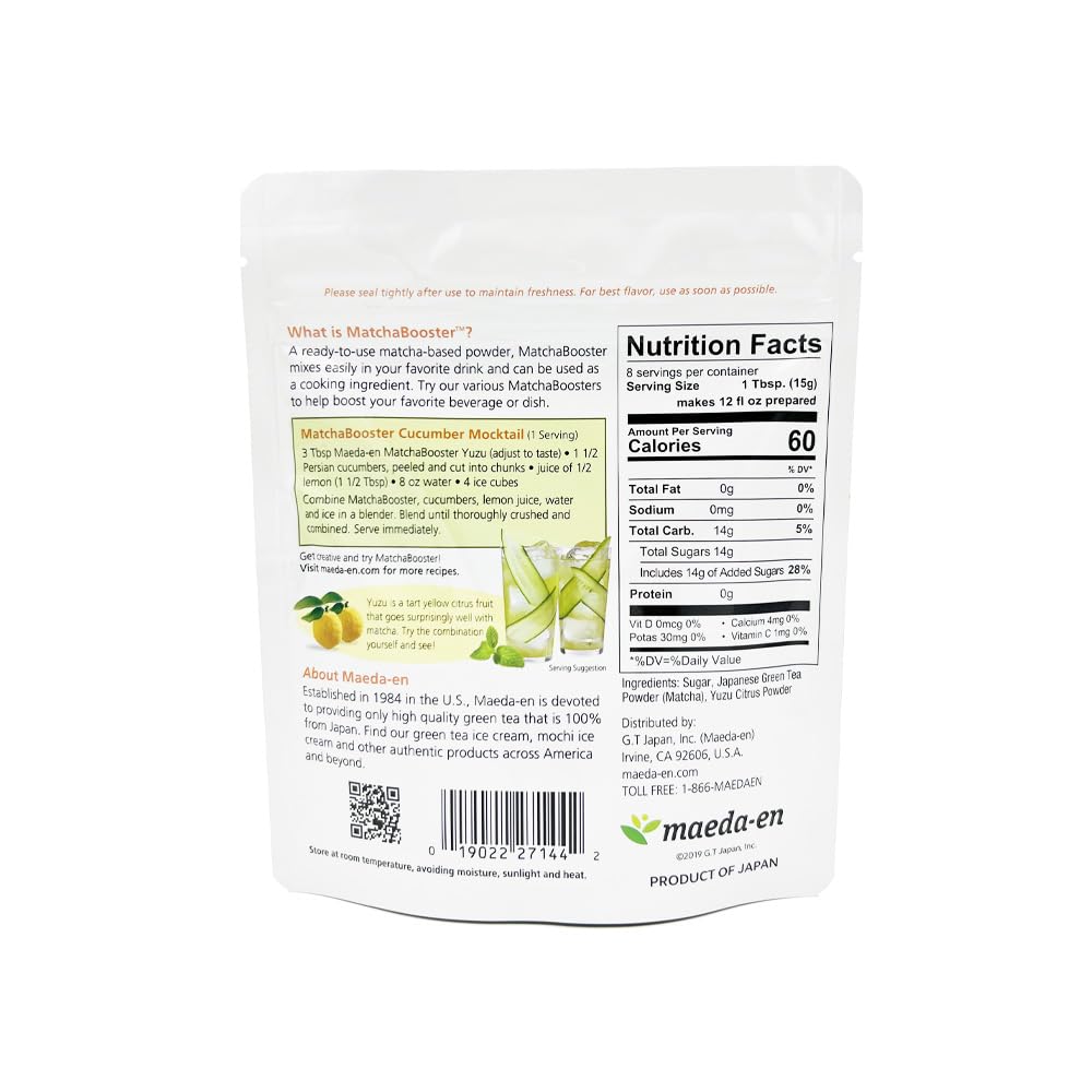 Maeda-En Matcha Booster Yuzu Green Tea Powder 80G Japanese Origin Resealable Pouch For Latte Smoothies And Baking 27144 1Pk