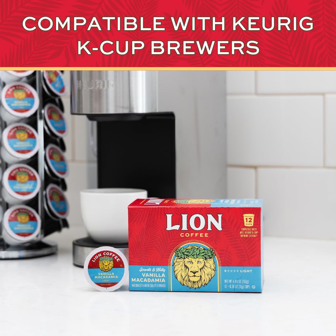 Lion Coffee Vanilla Macadamia Coffee Pods - Medium Roast - 12 Count Box - Compatible with Single-Serve Brewing Systems