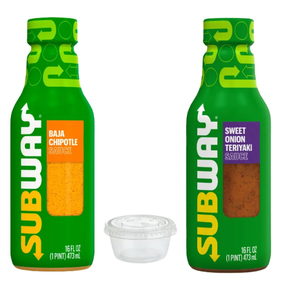 Generic Subways Sauce Bundle, Includes One (1) 16 oz Sweet Onion Teriyaki Sauce, One (1) 16 oz Baja Chipotle Sauce, and Five 2 o
