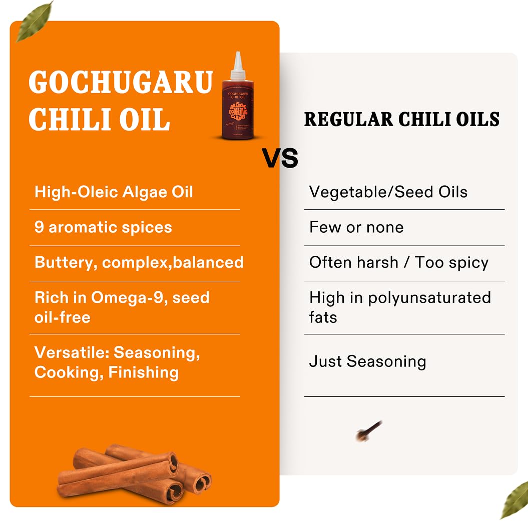Algae Cooking Club Gochugaru Chili Oil - Mild Heat & Smoky Depth with Star Anise  Caraway & Sichuan Pepper - Infused with High-Oleic Algae Oils - Seed-Free Oil