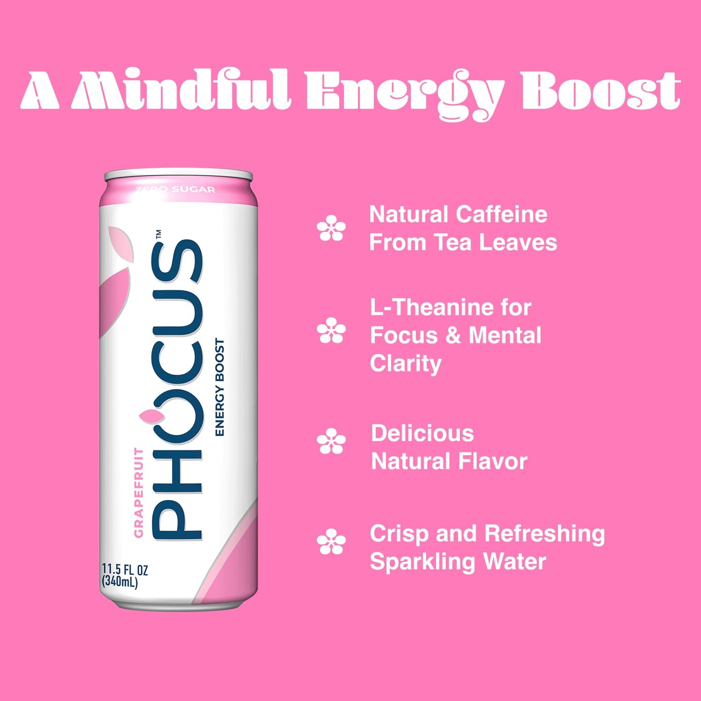 CLEAR CUT PHOCUS Caffeinated Sparkling Water, Grapefruit Flavor, 75mg Caffeine, Zero Sugar, 11.5 Fl Oz, Pack of 12 Cans