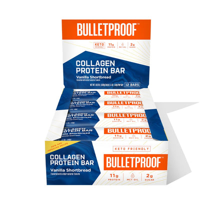 Collagen Protein Bars, Vanilla Shortbread, 11g Protein, 12 Pack, Bulletproof Grass Fed Healthy Snacks, Made with MCT Oil, 2g Sug