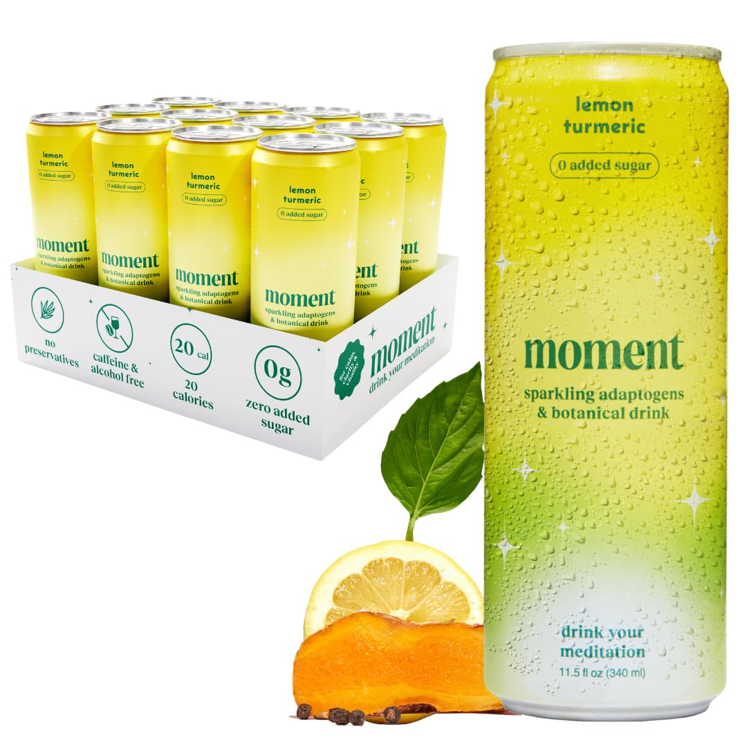 Moment Adaptogen Drink (Marine Theme Tank) | Lemon Turmeric Sparkling Soda | Flavored Sparkling Water | L-Theanine  Ashwagandha For Calm | Sugar Free Drinks  0 Energy Blend  0 Beverage-Style | 12-Pack