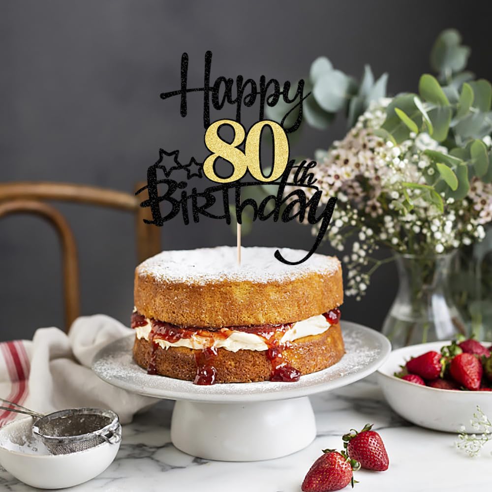 Kaoenla Black Gold Glitter Happy 80Th Birthday Cake Topper - Hello 80/Cheers 80,Happy Fourteen Birthday Anniversary,80 Years Old