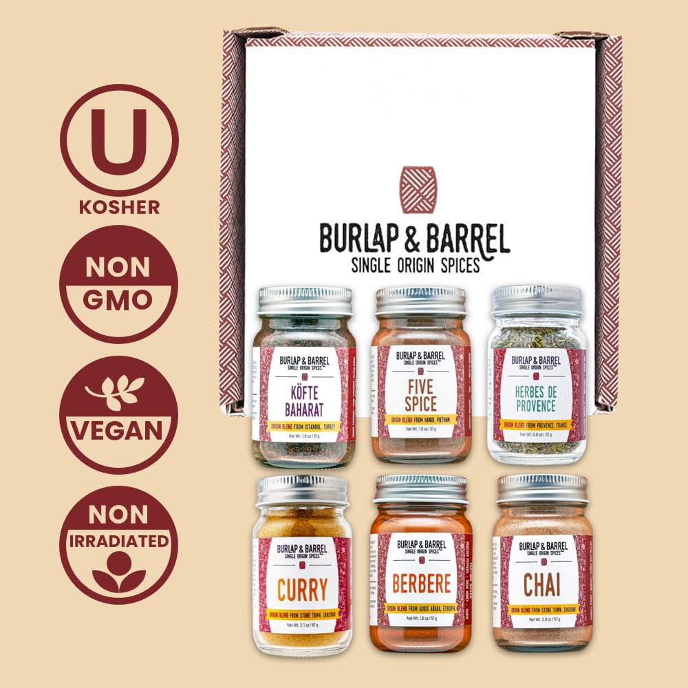 Burlap & Barrel 6-Pack Spice Gift Set - Chai, Five Spice & More - 19.5 cm Full Size Jars