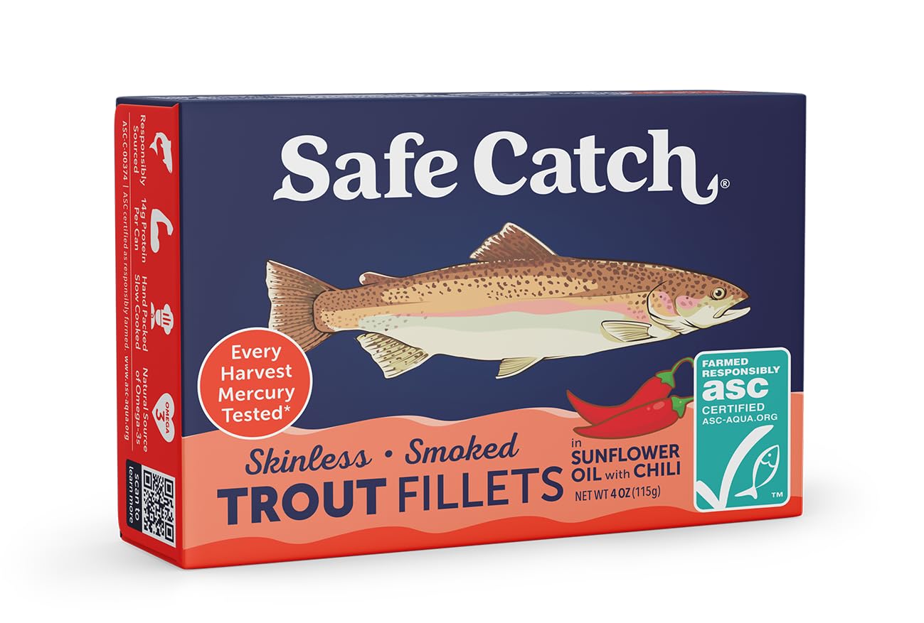 Safe Catch Smoked Rainbow Trout Fillets In Sunflower Oil With Chili, Skinless And Boneless Canned Fish, Mercury Tested, Pack Of 12
