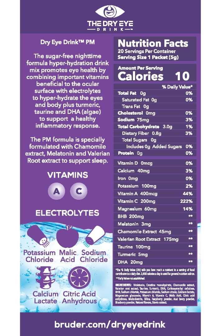 The Dry Eye Drink L Ultimate Hydration For Dry Eyes L Sugar-Free Electrolyte Powder Packets L Blended With Vitamins, Green Tea, Turmeric, Taurine, And Dha L 5G X 20 Packets (Mixed Berry Am/Pm)