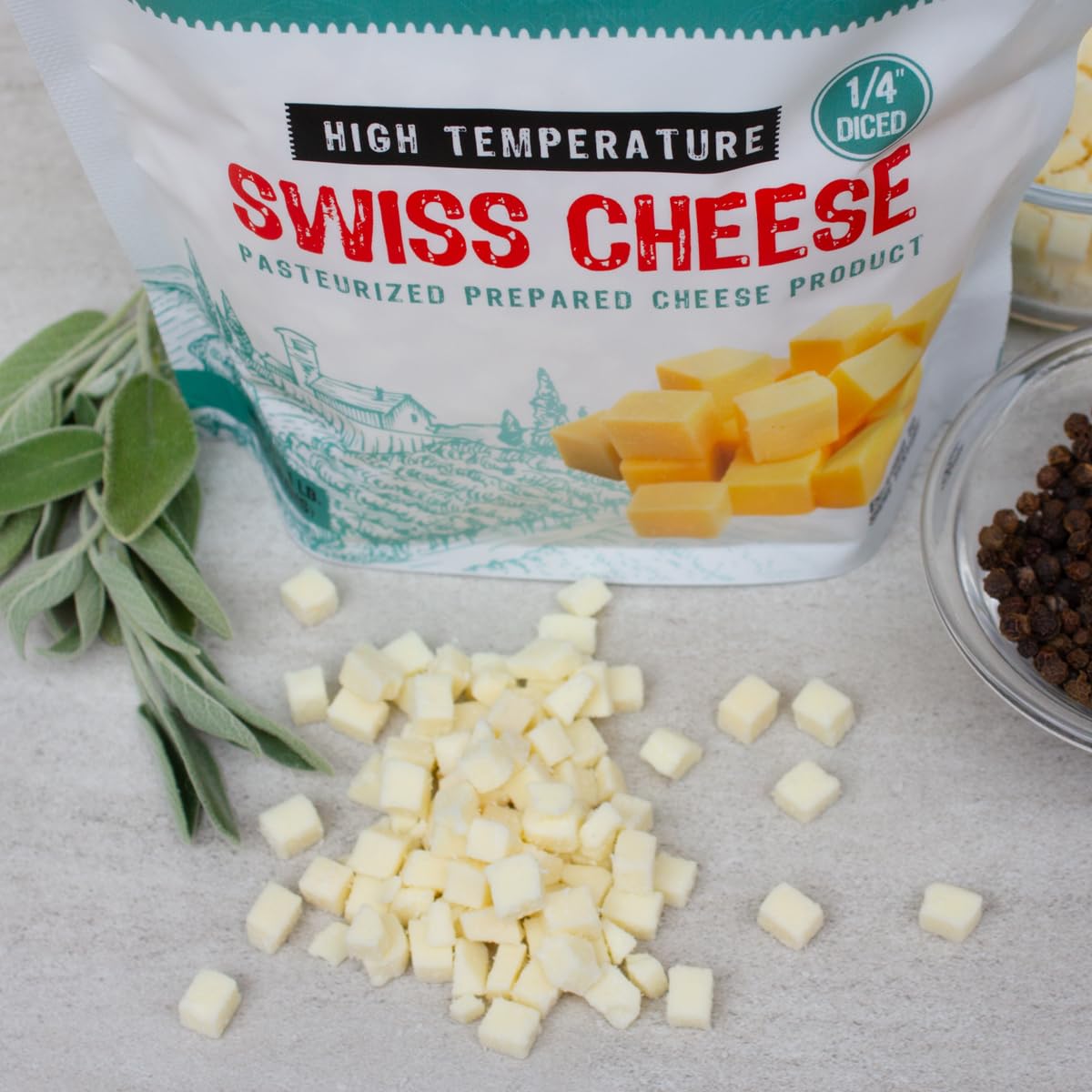 The Sausage Maker High Temp Swiss Cheese, 1 Lb, 1/4 Diced Cubes, 400°F, Ideal for Sausage Making and Grilling