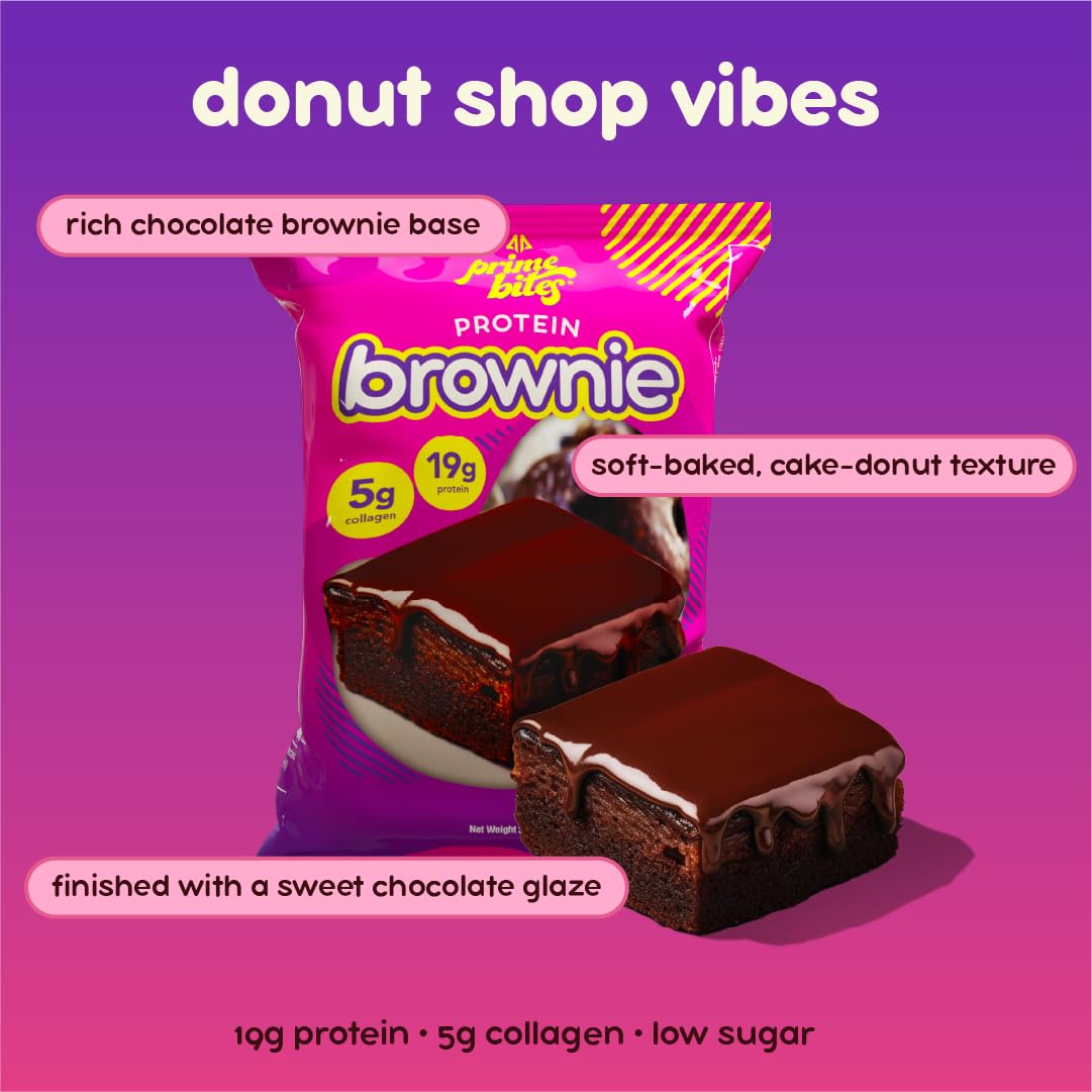 Prime Bites Protein Brownie From Alpha Prime Nutrition Products | High Protein, Collagen Fortified Low Sugar Treat | Delicious Snack | 12 Bars Per Box (Chocolate Glazed Donut)