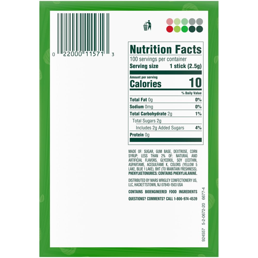 Wrigley's Spearmint Gum, 5 Count (Pack of 40) - Refreshing Chewing Gum for Long-Lasting Flavor