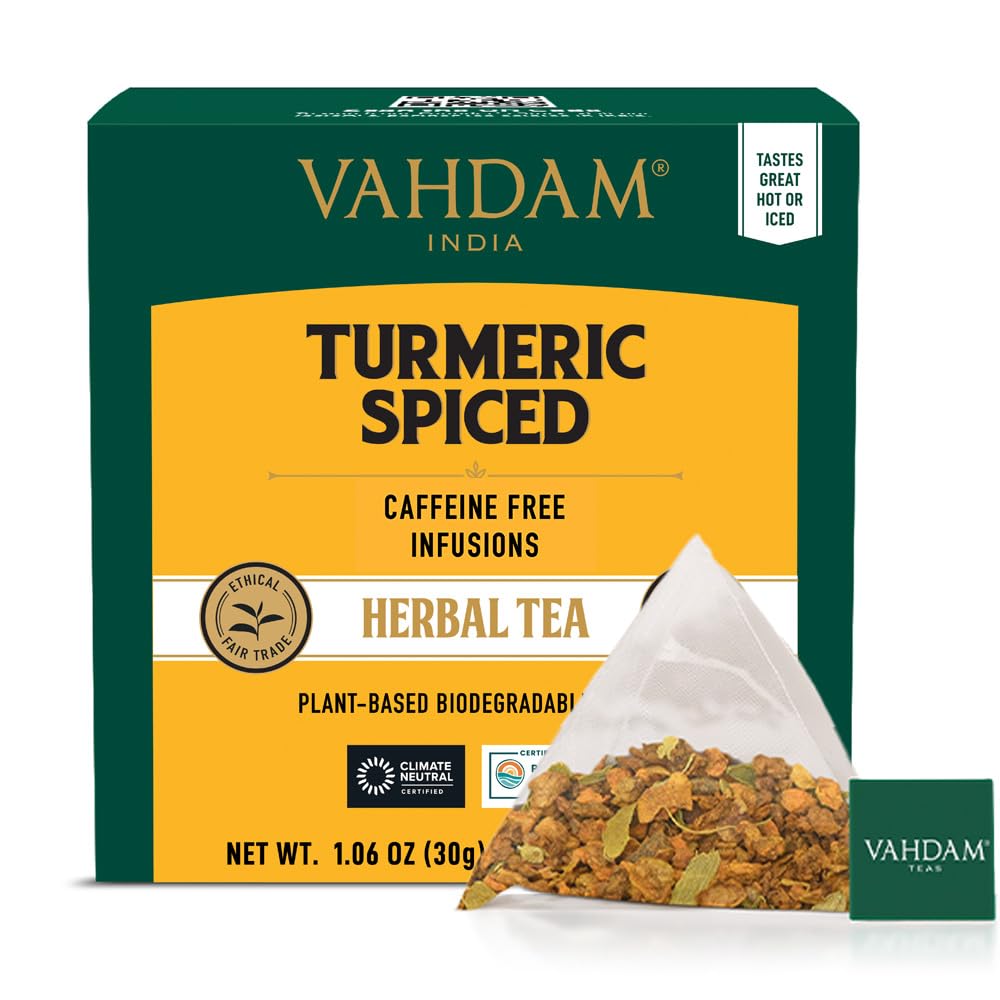 VAHDAM Turmeric Spice Herbal Tea Bags - Caffeine Free, Non-GMO, Gluten Free, 15 Count, Individually Wrapped Pyramid Bags