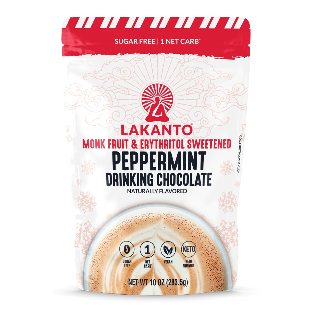 Lakanto Sugar Free Peppermint Drinking Chocolate - Cold Or Hot Cocoa Powder Mix, Shelf Stable Probiotics, Monk Fruit Sweetener,