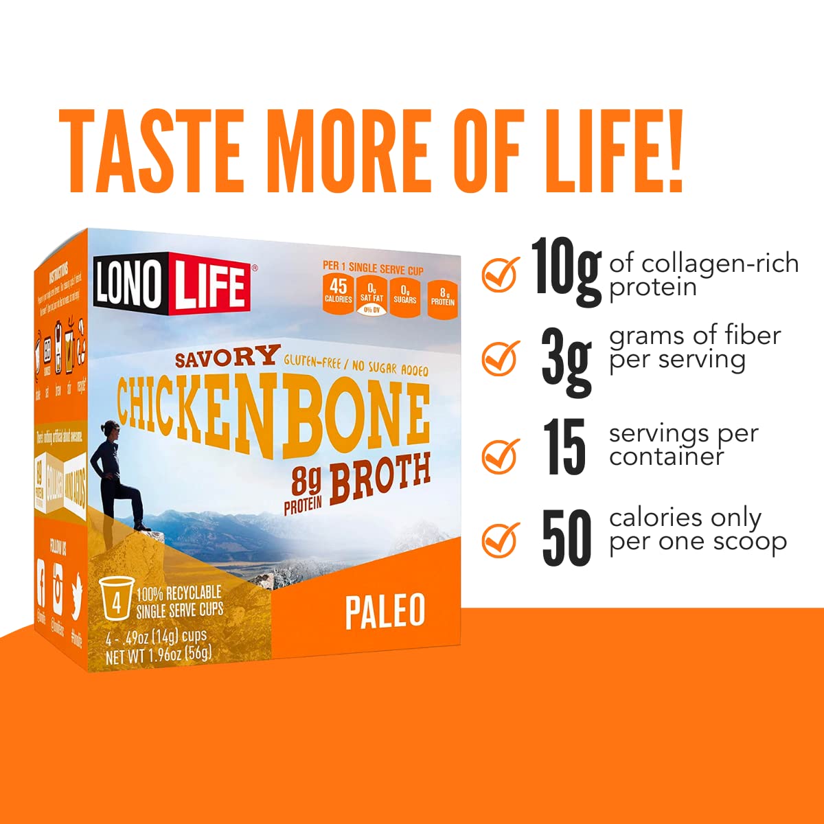 Lonolife Chicken Bone Broth Powder Mix | 10G Protein | Collagen-Rich, Keto & Paleo Friendly | Natural Ingredients | 10 Single-Se
