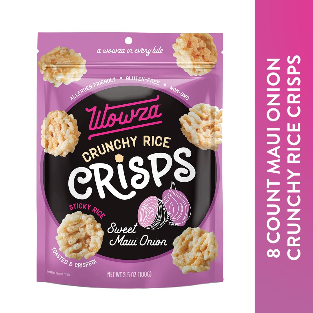 Wowza Sweet Maui Onion Rice Crisps, Healthy Sticky Rice Crunchy Rice Crisps, 3.5 oz bag (8 pack)
