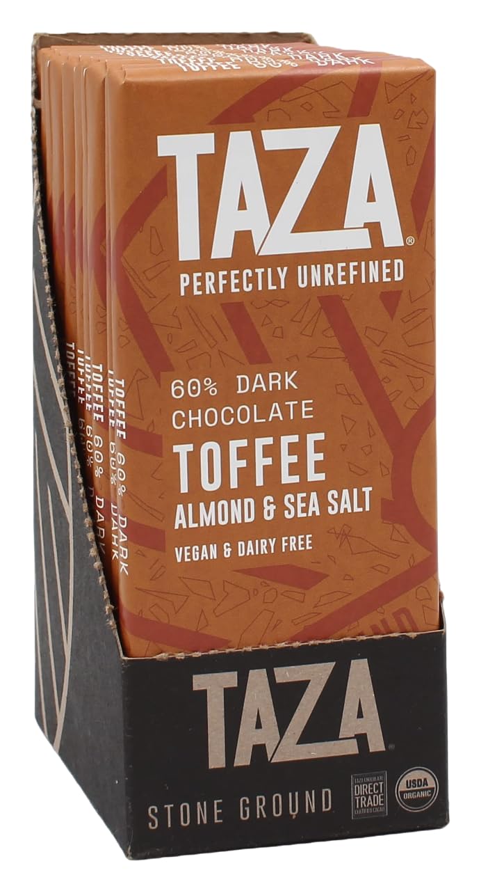 Taza Chocolate Organic Amaze Bar 60% Stone Ground, Toffee Almond Sea Salt, 2.5 Ounce (10 Count), Vegan