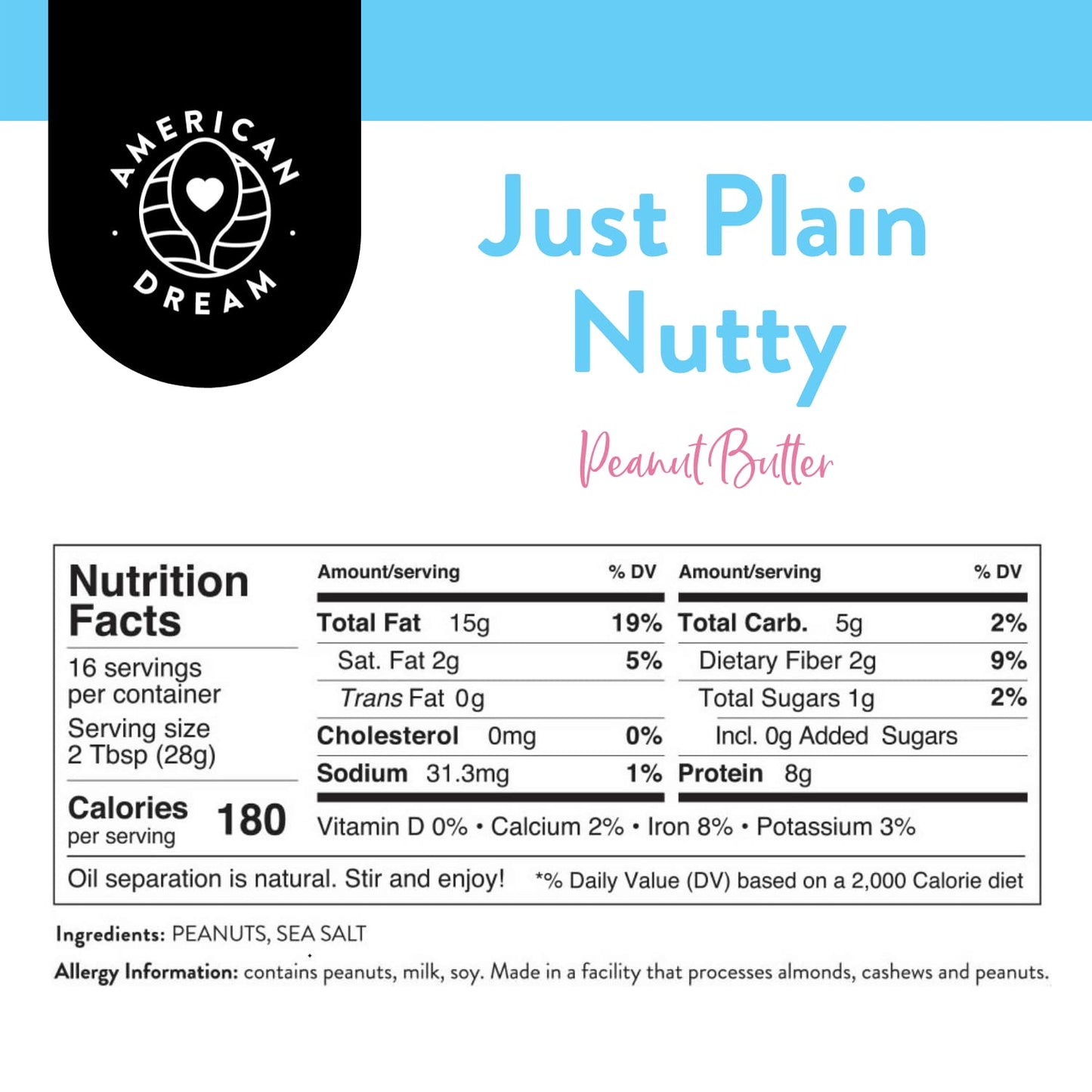 American Dream Nut Butter - Gluten-Free Just Plain Nutty Peanut Butter