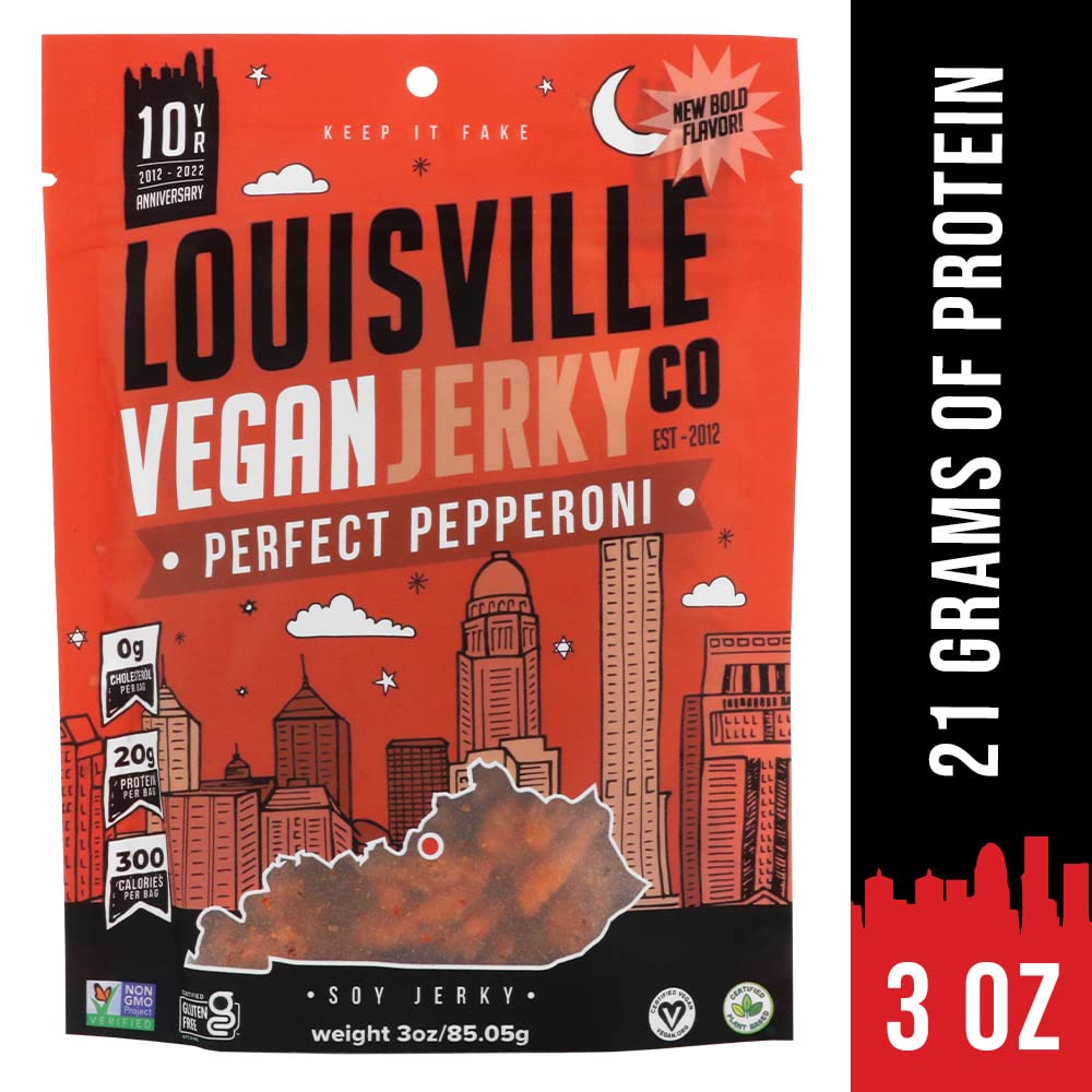 Louisville Vegan Jerky Pepperoni Pizza - Gluten-Free High Protein Snack, 19g Non-GMO Soy Protein, 1 Count, Red