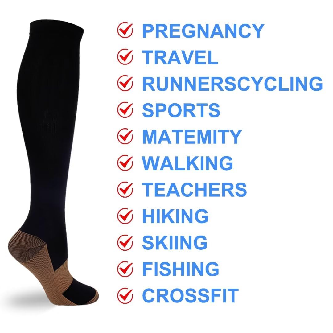 Double Couple 7 Pairs Copper Compression Socks For Men Women 20-30 Mmhg Knee High Stockings