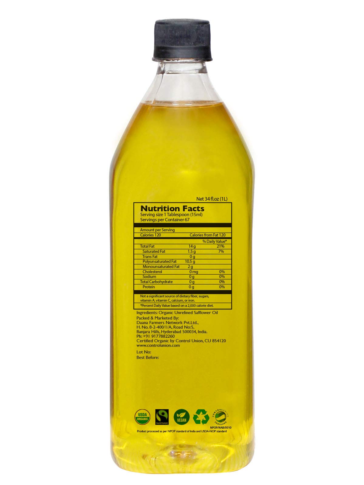 Daana Safflower Oil: Certified USDA Organic, Extra Virgin, Cold Pressed, High Oleic (34 Fl oz)