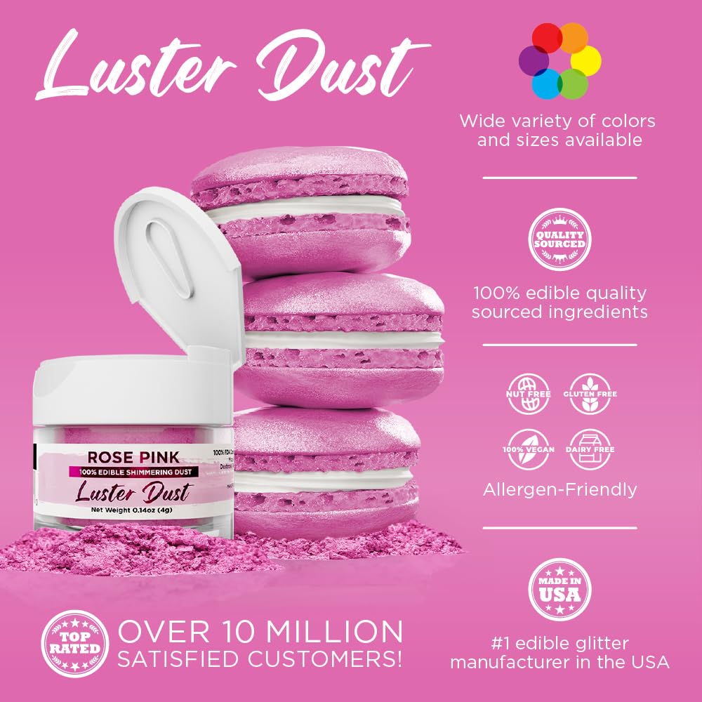 Luster Dust - Rose Pink (4G 1X Jar) | Edible Vegan Dust & Paint For Cake Decorating, Ice Cream, Desserts, Cocktails And Beverage