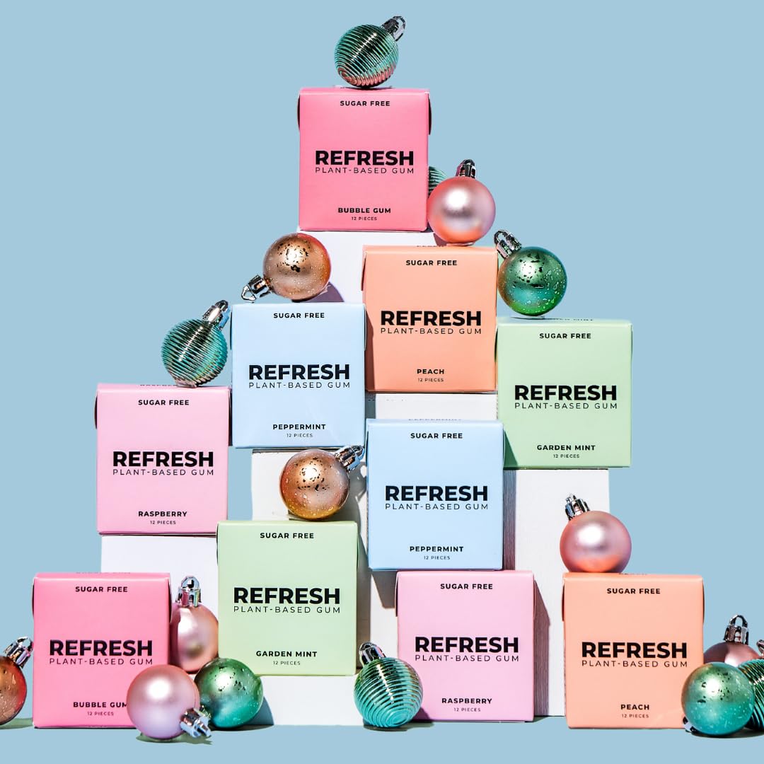 Refresh Gum  Xylitol  Natural  Sugar Free  Chewing Gum  Plastic Free  Natural Flavors & Organic Ingredients  Non GMO  Gluten Free  Vegan  12 Count (Pack of 5)  Sampler Pack