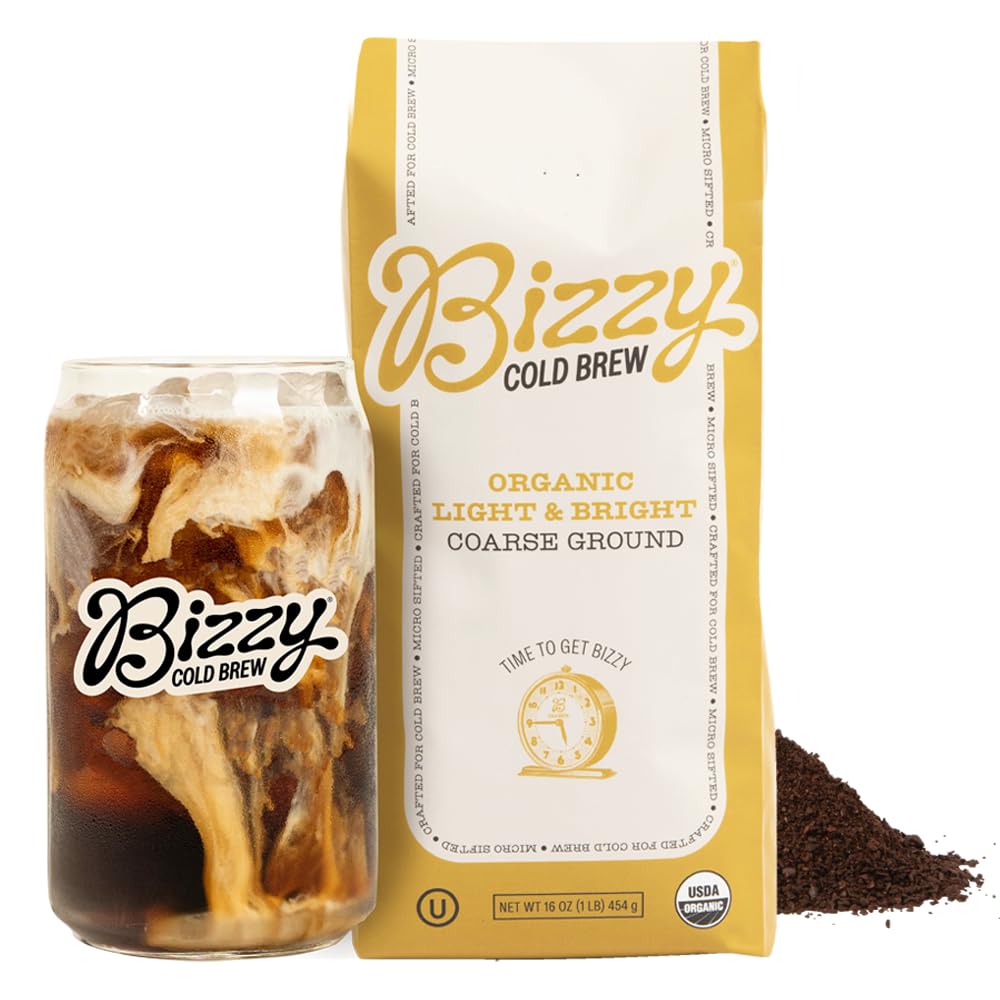 Bizzy Organic Cold Brew Coffee - Light & Bright Blend, Coarse Ground, Specialty Grade, 1 LB, 100% Arabica, Yellow