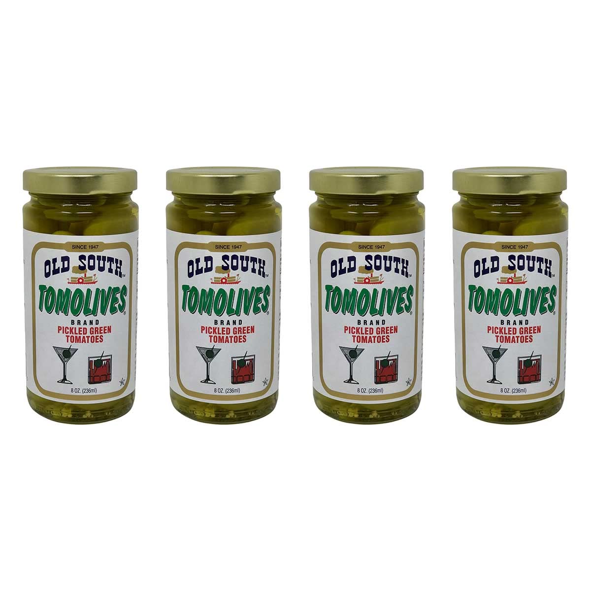 Generic Old South Tomolives Pickled Green Tomatoes 8oz (4 Pack) with Coasters - Ultimate Martini Garnish and Cocktail Snack