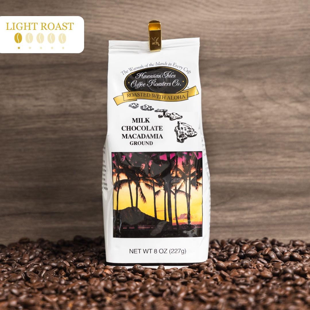 Hawaiian Isles Coffee Milk Chocolate Macadamia Flavored, Light Roast Ground Coffee, Roasted With Aloha - 8 Ounce Bag