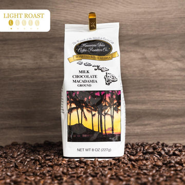 Hawaiian Isles Coffee Milk Chocolate Macadamia Flavored, Light Roast Ground Coffee, Roasted With Aloha - 8 Ounce Bag