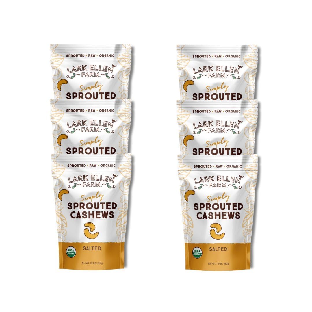 Lark Ellen Farm Whole Cashews, Salted Raw Sprouted Nuts, Certified USDA Organic, Gluten-Free, Vegan Snacks (10 oz, 6 pack)