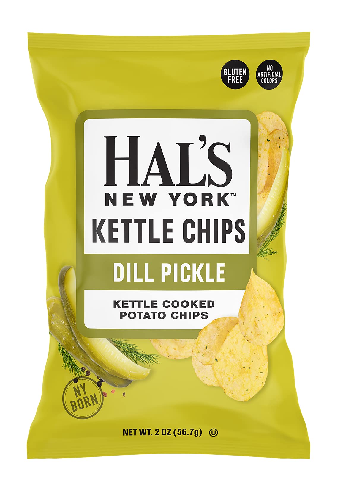 Hal's New York Kettle Cooked Gluten Free Dill Pickle Flavored Potato Chip Crisps, 2 Oz (Pack of 24)