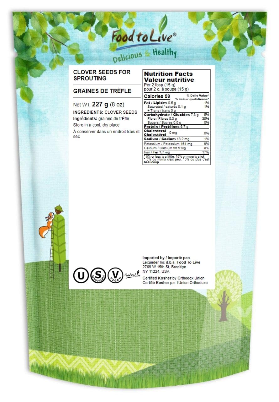 Food To Live Clover Seeds For Sprouting, 8 Ounces - Pure, Vegan, Kosher, Bulk. Edible Seeds. Rich In Vitamin C. High Germitation
