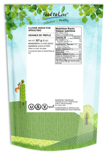 Food To Live Clover Seeds For Sprouting, 8 Ounces - Pure, Vegan, Kosher, Bulk. Edible Seeds. Rich In Vitamin C. High Germitation