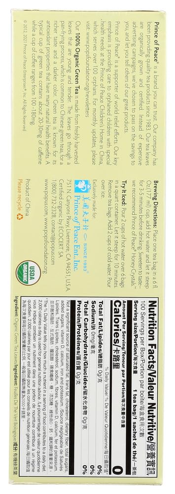 Prince Of Peace 100% Organic Green Tea 100 Tea Bags Net Wt. 6.35 Oz (180 G)