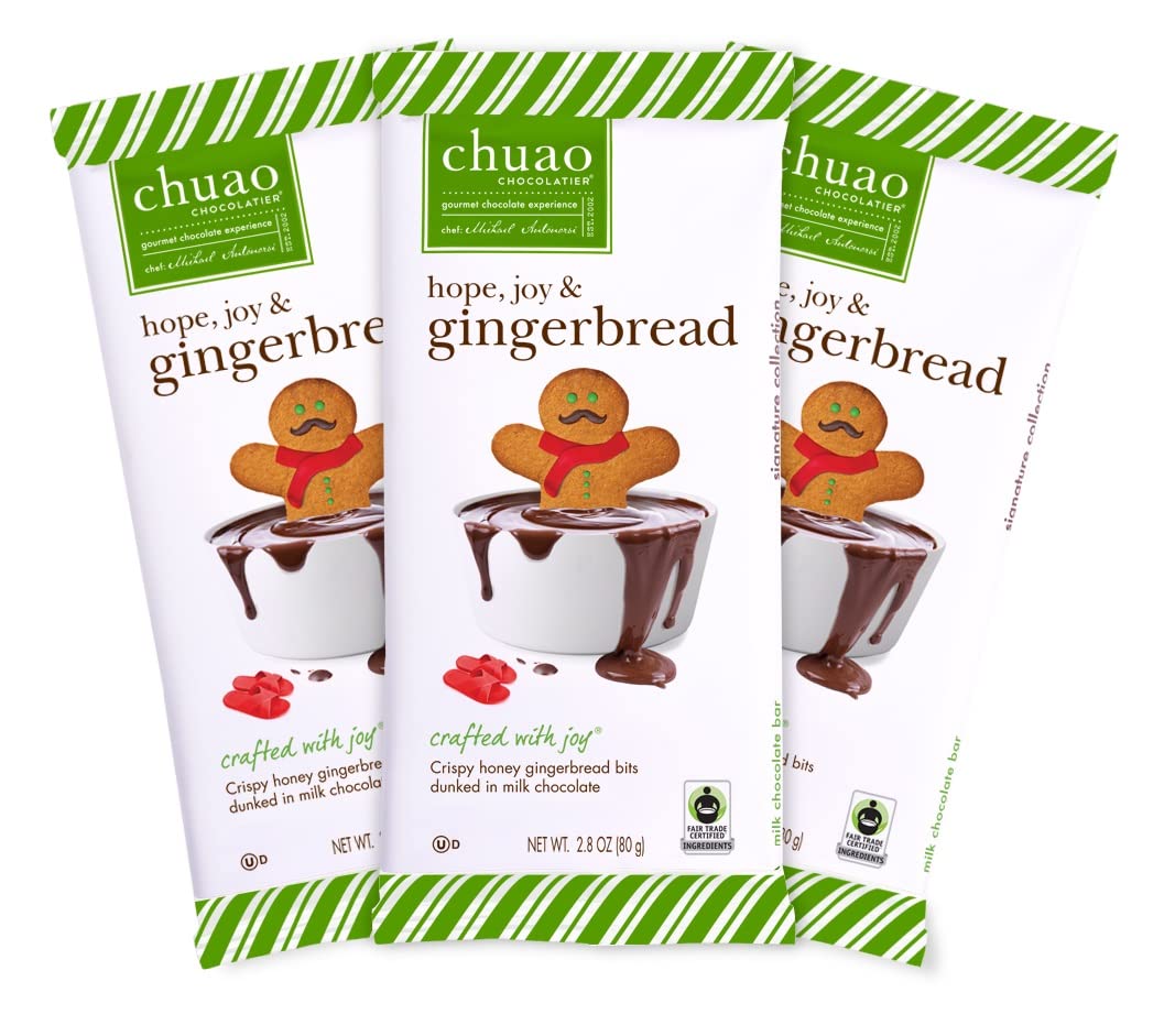 Chuao Chocolatier Hope, Joy & Gingerbread Milk Chocolate Bars | Gourmet Chocolate Honey Artisan European No Preservatives | For Gift Baskets, Christmas, Valentines Day, Gifts for Women, Men, Birthday, Thank You, Care Package | 3 Pack
