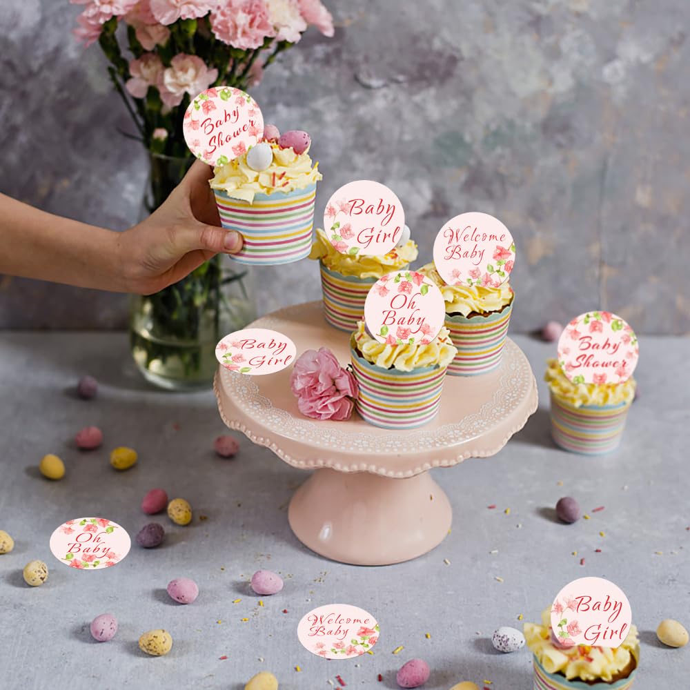 Fyeoxle 48 Pack Edible Baby Shower Cupcake Toppers Wafer Paper Floral Oh Baby Wecome Baby Cupcake Picks Greenery Frames Baby Gir